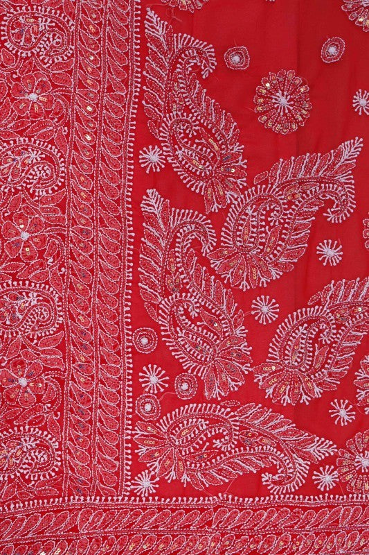 Ada Hand Embroidered Red Georgette Lucknowi Chikankari Saree/Blouse with Sequinned work 01A108206