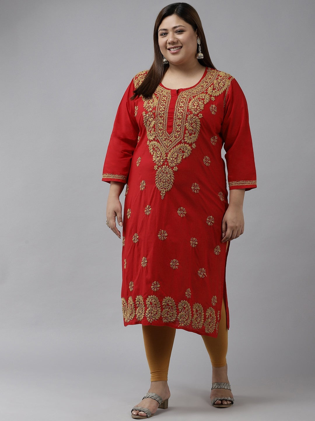 Ada Hand Embroidered Red Cotton Lucknowi Chikankari Straight Kurta A188271