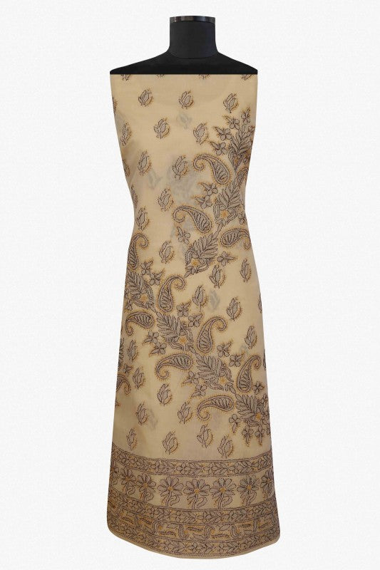 Ada Hand Embroidered Fawn Cotton Lucknowi Chikan Unstitched Suit Piece–A100153