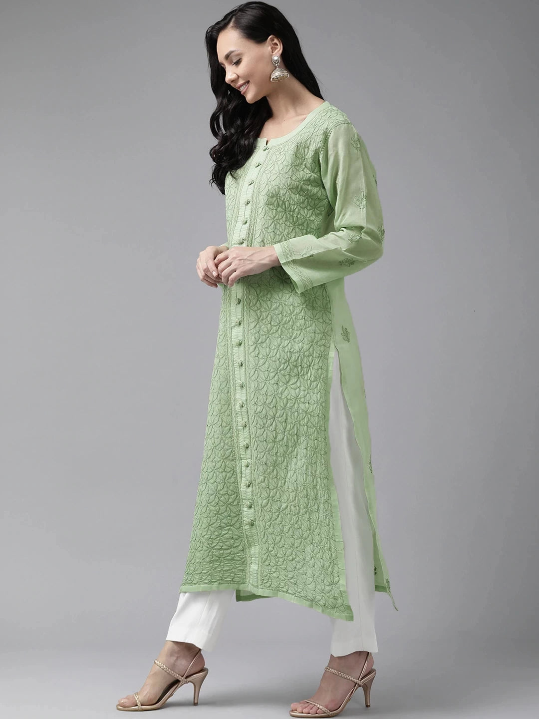 Ada Hand Embroidered Green Cotton Lucknowi Chikankari Straight Kurta A411246