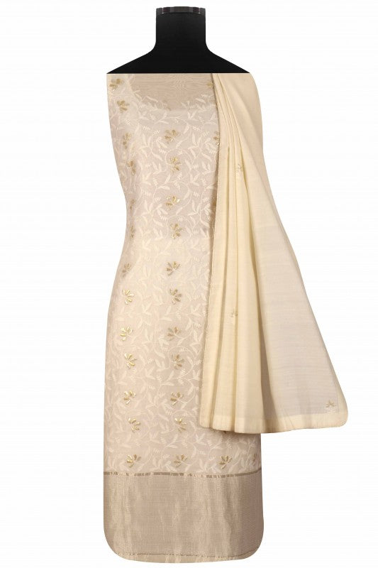 Ada Hand Embroidered Cream Chanderi Lucknowi Chikan Unstitched Suit Piece With Gota Patti Work A575128