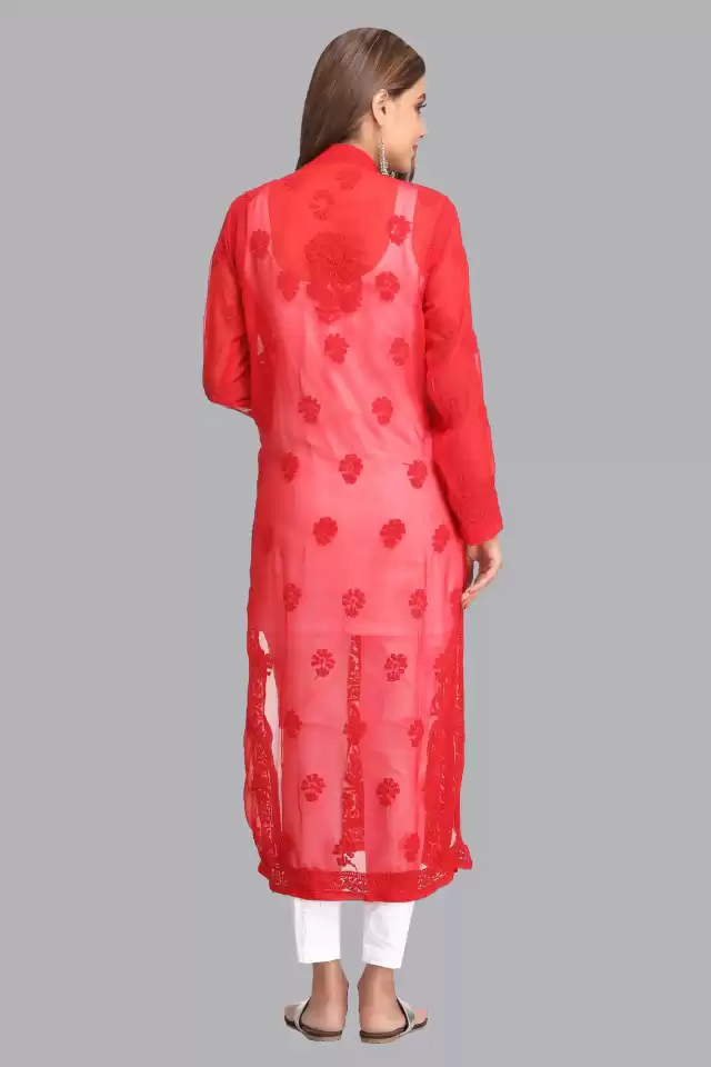 Ada Hand Embroidered Red Georgette Lucknow Chikankari Kurta A183538.