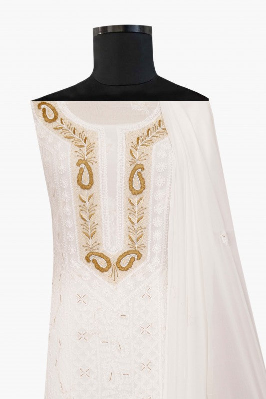 Ada Hand Embroidered White Georgette Lucknowi Chikan Unstitched Kurta Dupatta with Pearl Work A613206