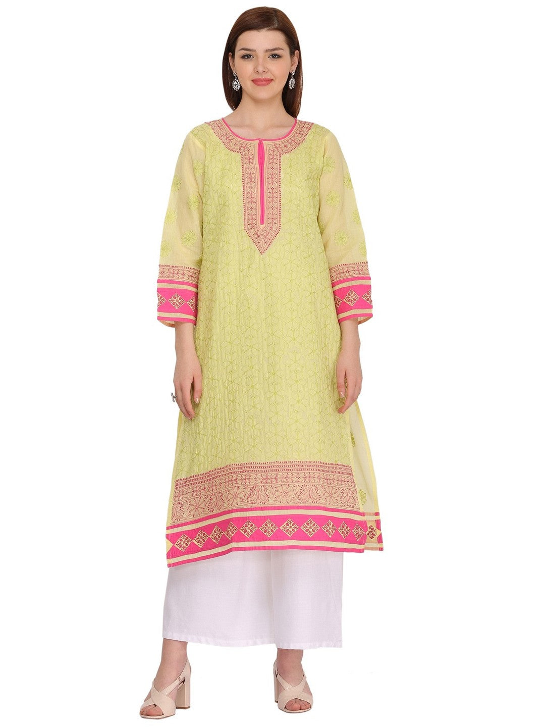 Ada Hand Embroidered Green Cotton Lucknow Chikan straight Kurta A273418