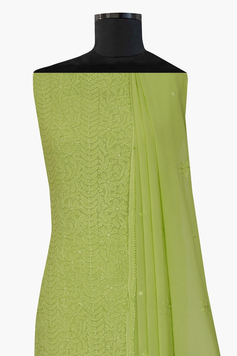 Ada Hand Embroidered Green Georgette Lucknowi Chikan Unstitched Kurta Dupatta Set A571718