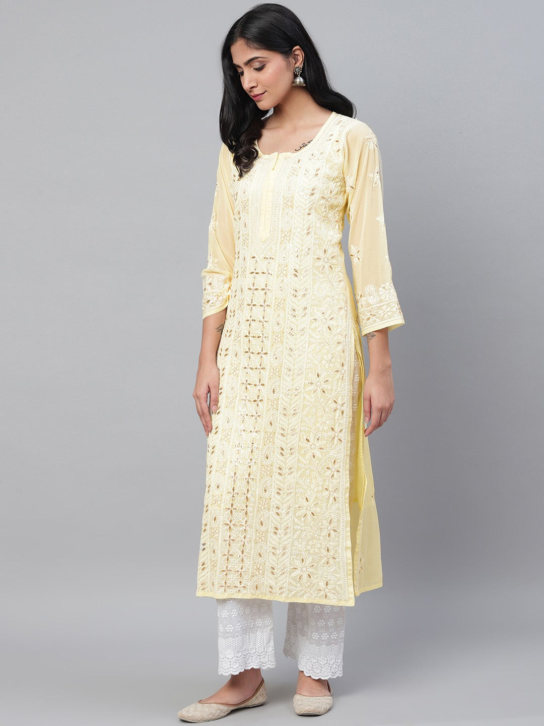 Ada Hand Embroidered Yellow Georgette Lucknowi Chikankari Straight Kurta/Slip with Gota patti Work A411111