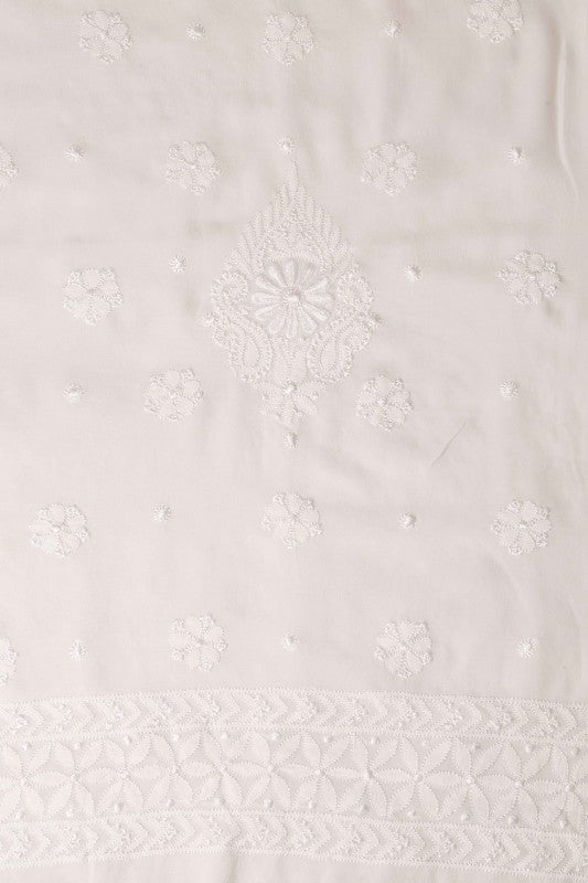 Ada Hand Embroidered White Pure Georgette Lucknowi Chikan Unstitched Kurta Dupatta Set - A590589