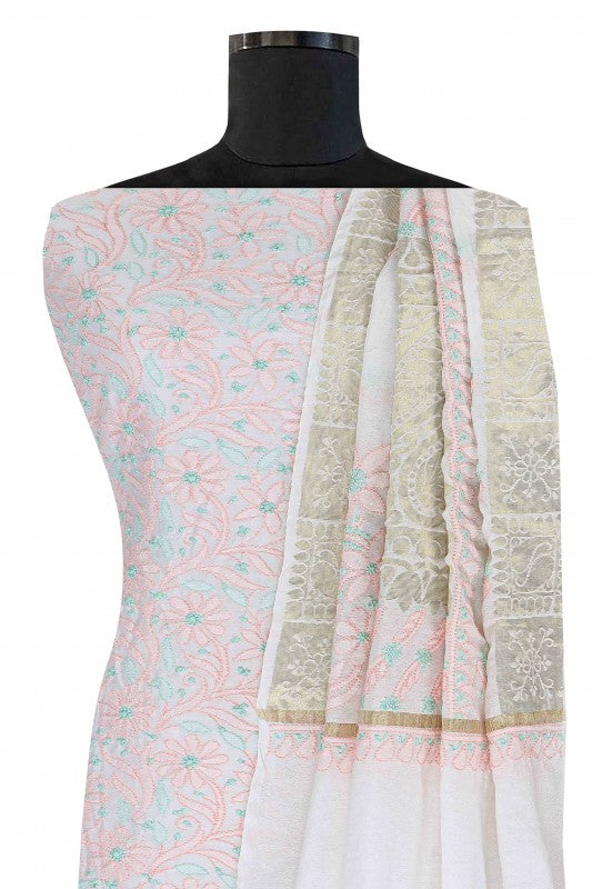 Ada Hand Embroidered White Chanderi Lucknowi Chikan Unstitched Kurta Dupatta– A586576
