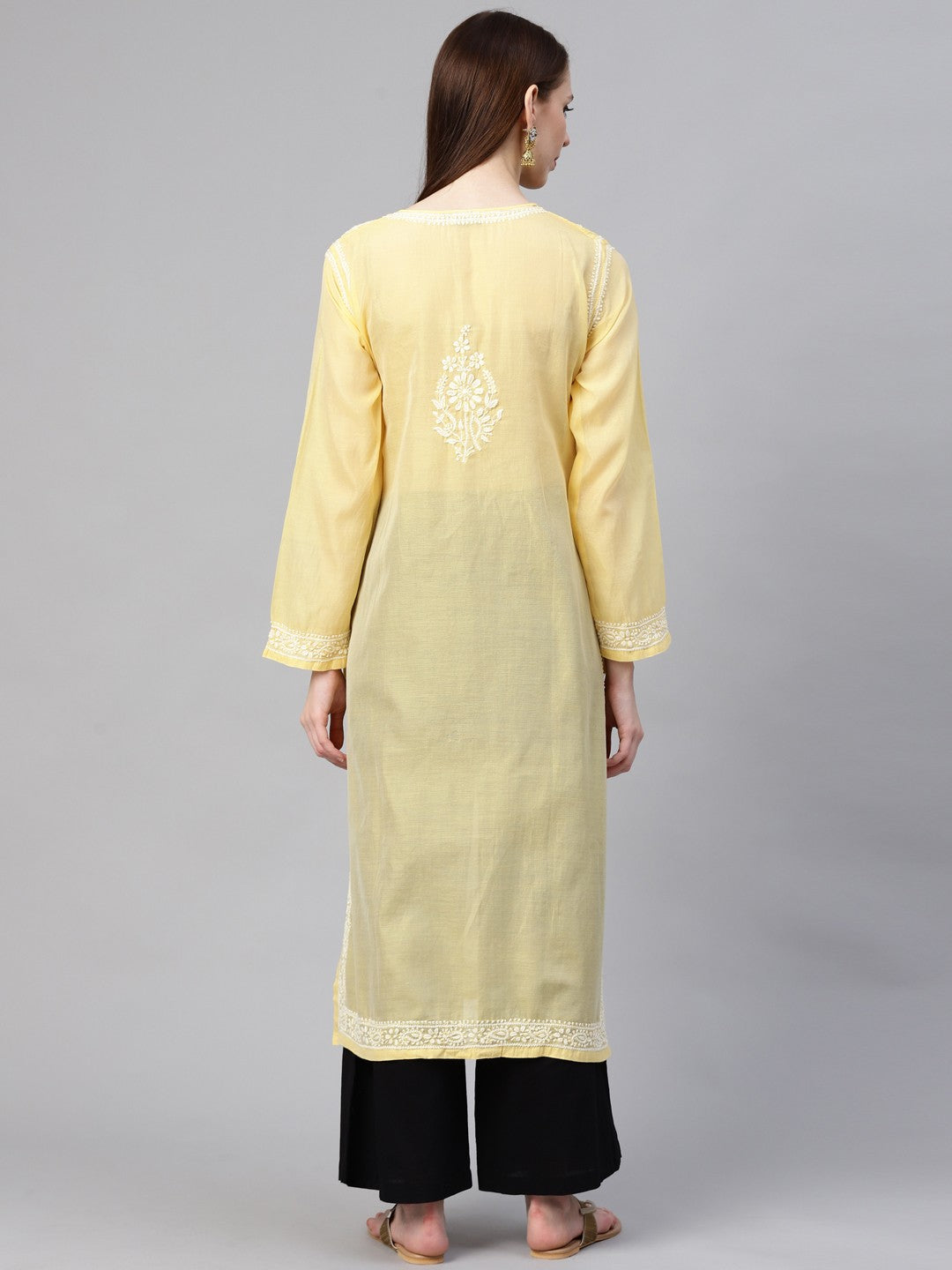 Ada Hand Embroidered Yellow Chanderi Lucknow Chikankari Kurta- A100597
