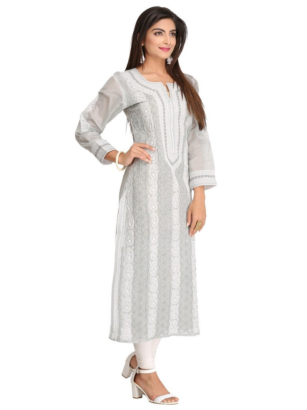 Ada Hand Embroidered Grey Cotton Lucknowi Chikankari Straight Kurta A254288