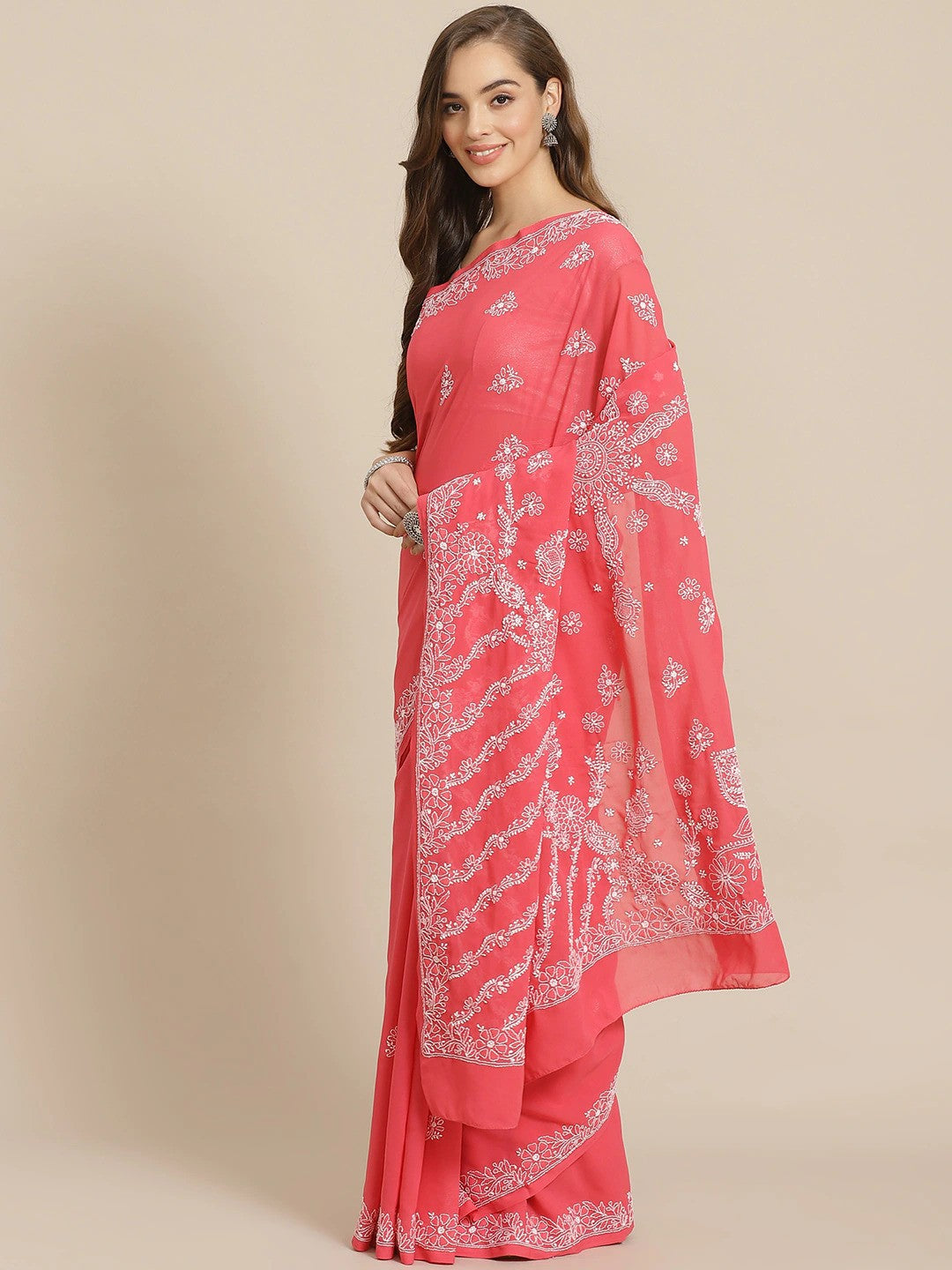 Ada Hand Embroidered Carrot Pink Georgette Lucknow Chikan Saree with Blouse A311303