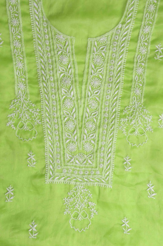 Ada Hand Embroidered Electric Lime Green Organza Chikan Unstitched Kurta Piece-A581354
