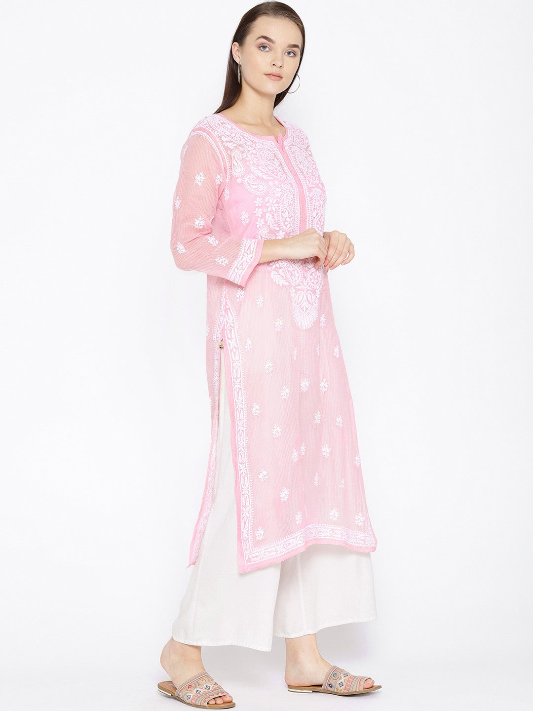 Ada Hand Embroidered Pink Kota Lucknowi Chikankari Straight Kurta With Slip A100118