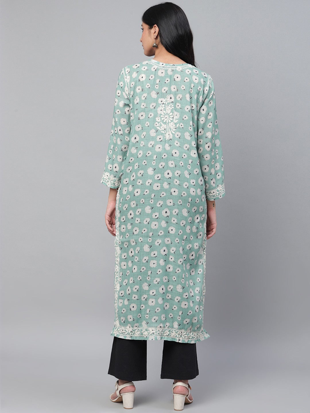 Ada Hand Embroidered Blue Cotton Lucknow Chikan Straight Kurta A100434