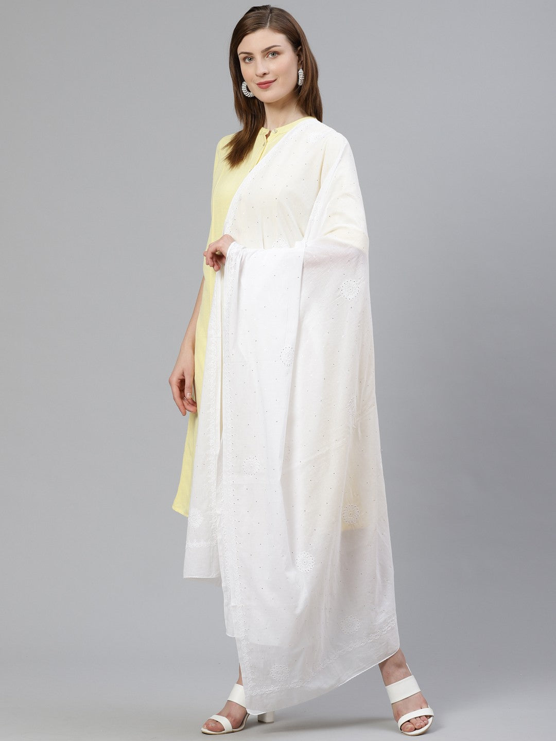 Ada Hand Embroidered White Cotton Dupatta with Muqaish Work  A100445