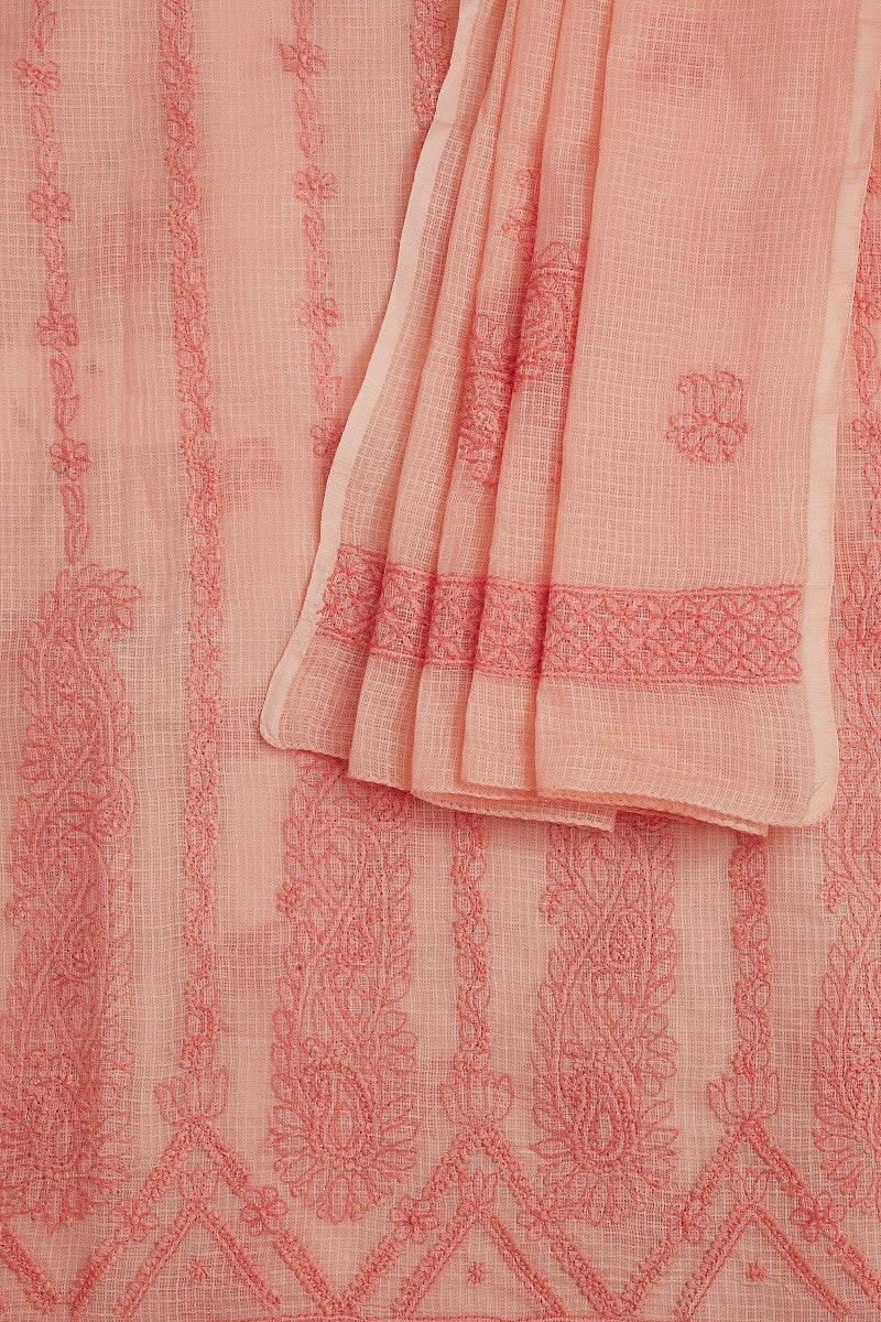 Ada Hand Embroidered Salmon Peach Kota Chikan Unstitched Kurta Dupatta Set- A596886