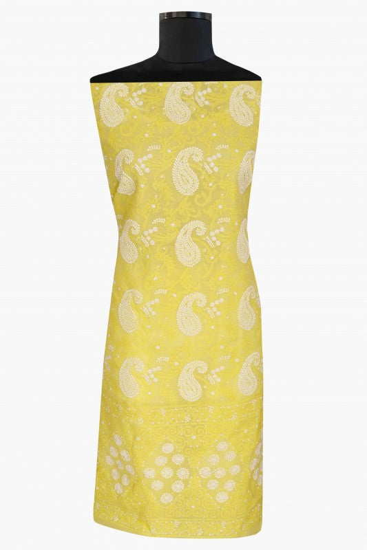 Ada Hand Embroidered Yellow Cotton Lucknowi Chikan Unstitched Suit Piece-A211118