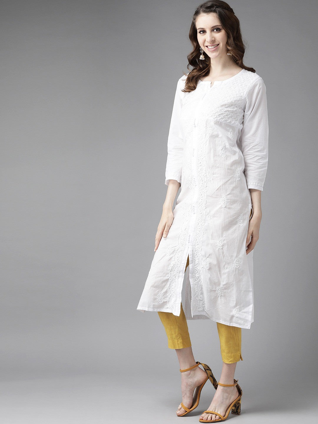 Ada Hand Embroidered White Cotton Lucknow Chikan Straight Kurta A151782