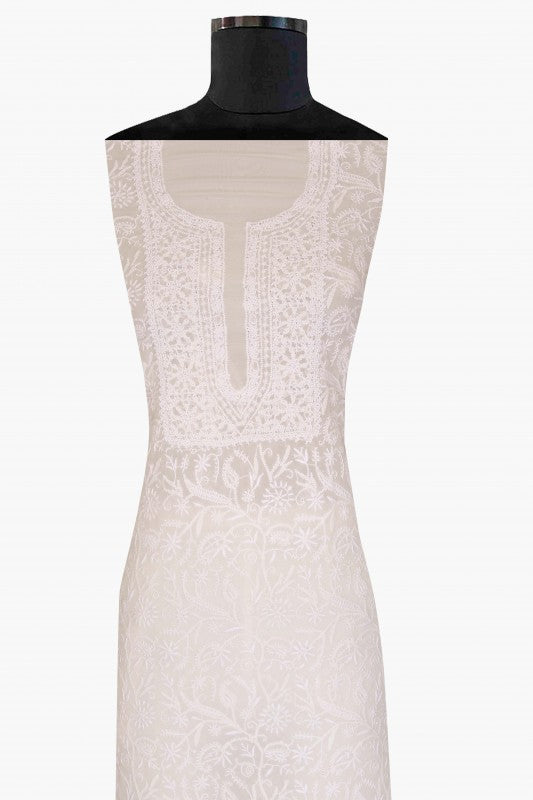Ada Hand Embroidered Off White Pure Georgette Lucknowi Chikan Unstitched Kurta Piece- A625465