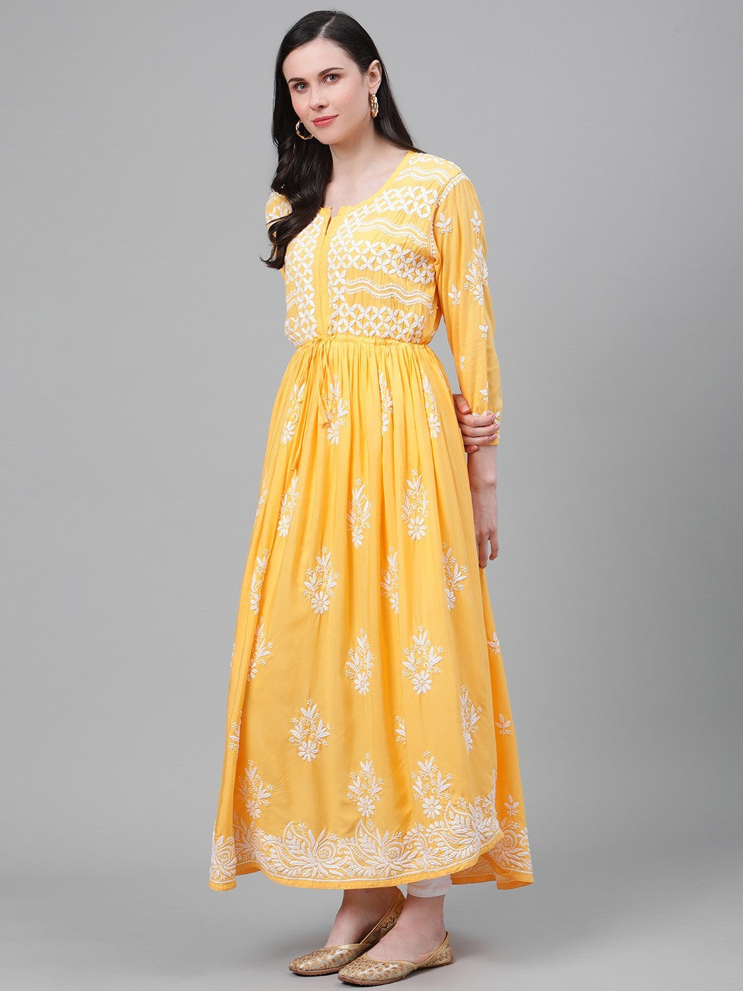 Ada Hand Embroidered Yellow Muslin Lucknow Chikankari Kurta-A411140
