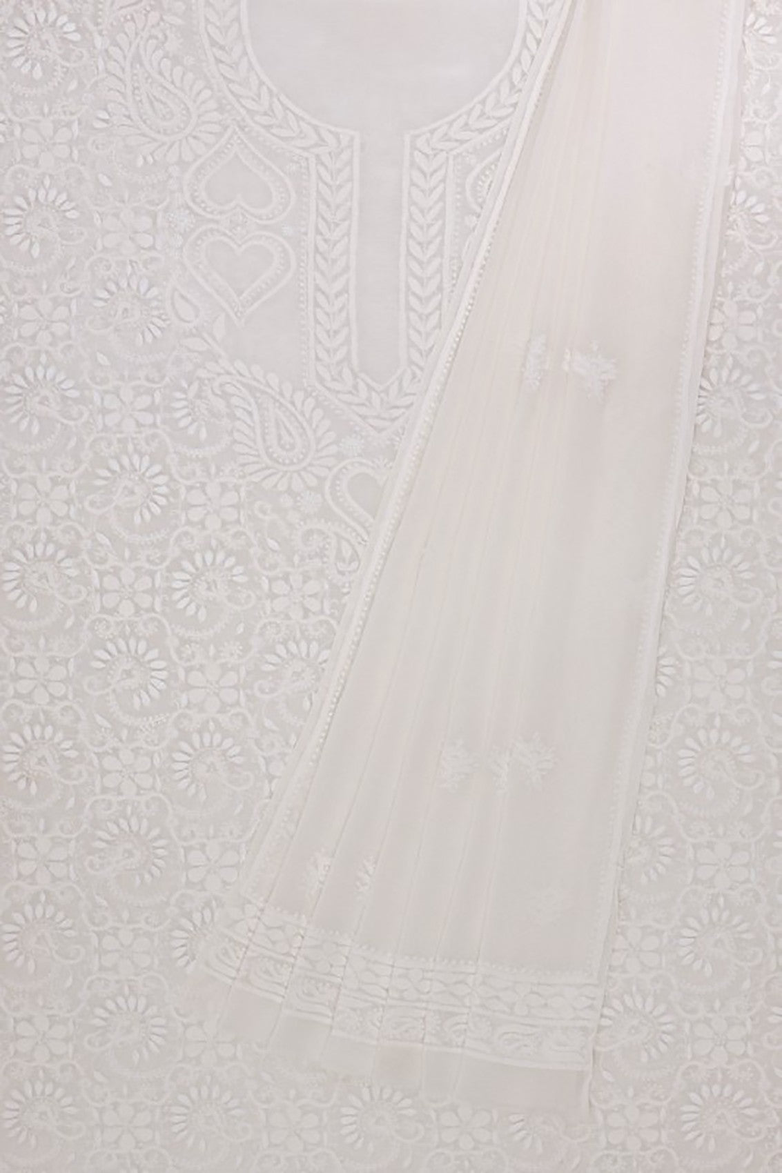 Ada Hand Embroidered White Pure Georgette Lucknowi Chikankari Unstitched Kurta Dupatta Set A593629