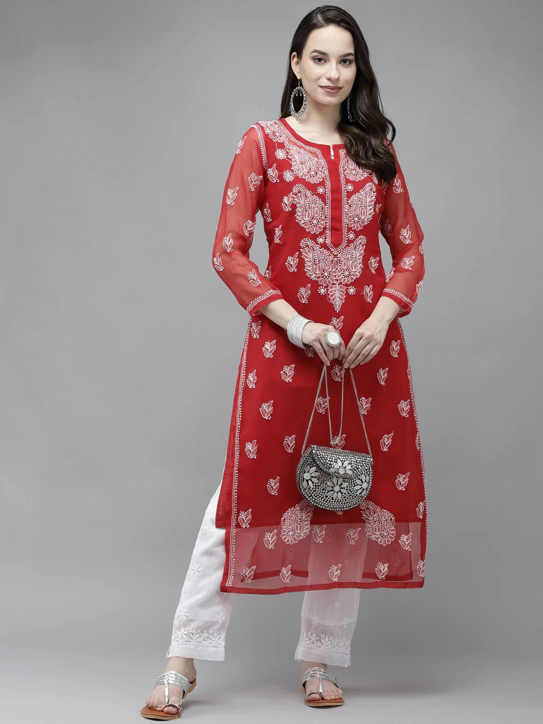 Ada Hand Embroidered Red Georgette Lucknowi Chikankari Straight Kurta With Slip A411289