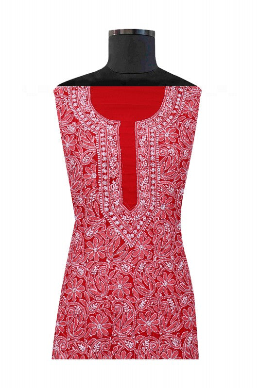 Ada Hand Embroidered Red Georgette Lucknowi Chikan Unstitched Suit Piece A516825