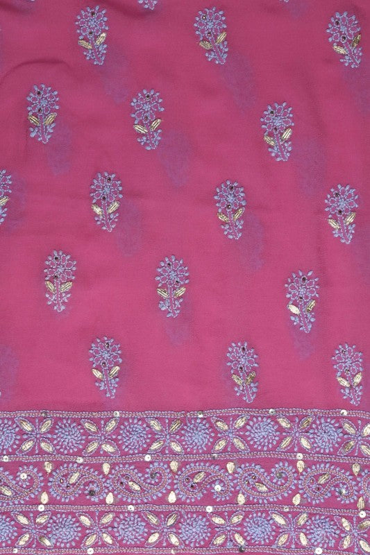 Ada Hand Embroidered Mauve Pure Georgette Lucknowi Chikan Unstitched Kurta Dupatta Set With Gota Patti Work A555296
