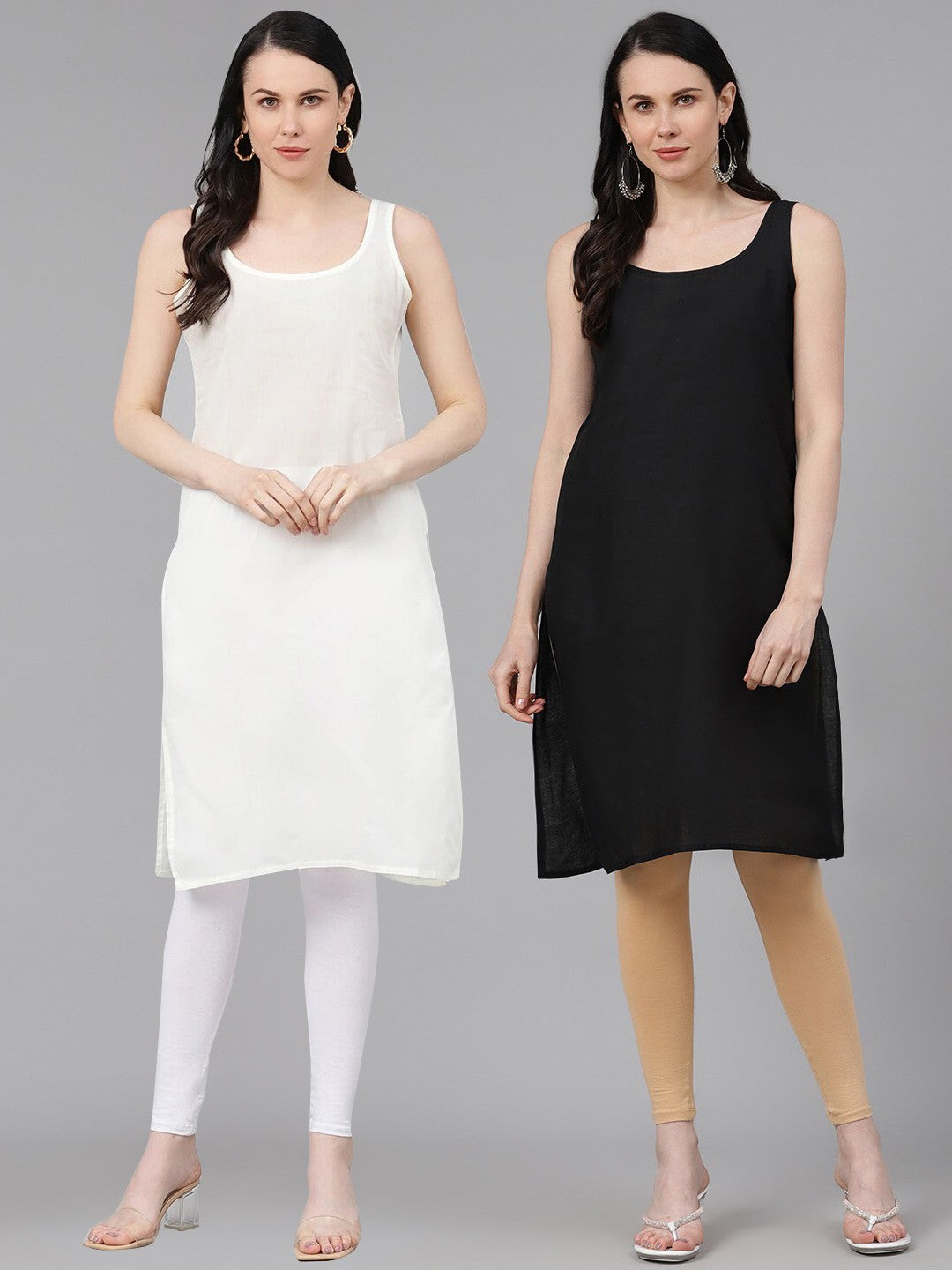 Ada Cream and Black Cotton Long Slips Combo of 2  A301627.