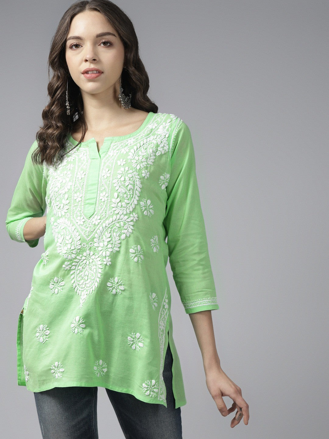 Ada Hand Embroidered Green Cotton Lucknowi Chikankari Short Kurti A911185