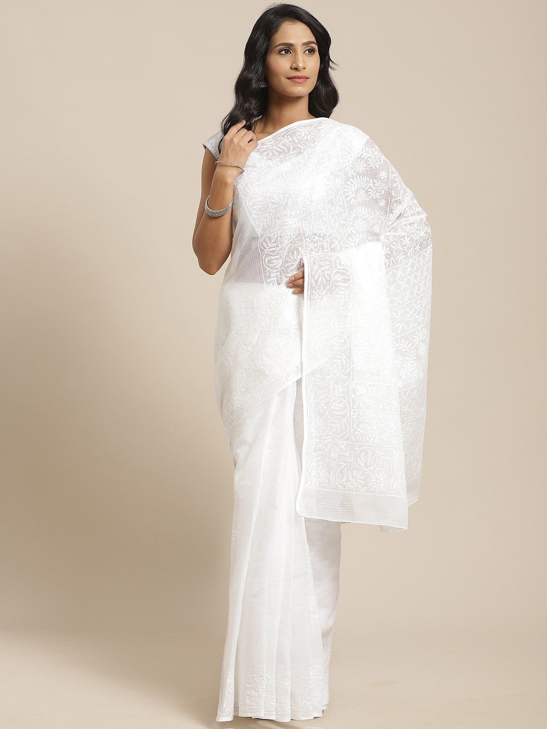 Ada Hand Embroidered White Kota Lucknow Chikan Saree With Blouse- A311117