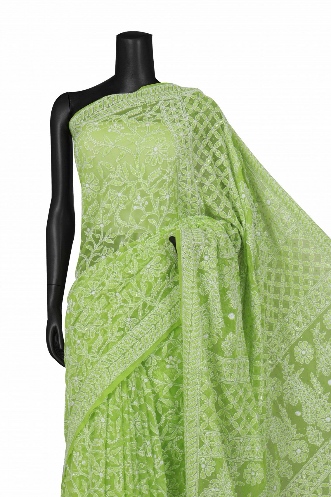 Ada Hand Embroidered Sheen Green Georgette Lucknowi Chikankari Saree/Blouse With Sequinned Work 01A204595