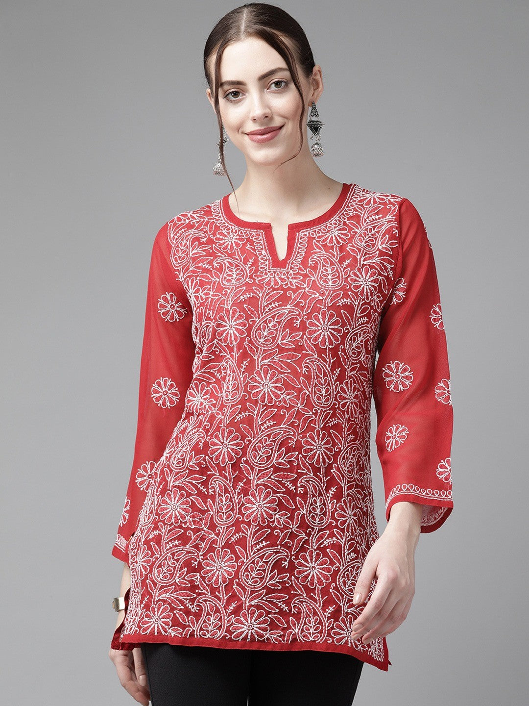 Ada Hand Embroidered Red Georgette Lucknowi Chikankari Straight Kurti A911230