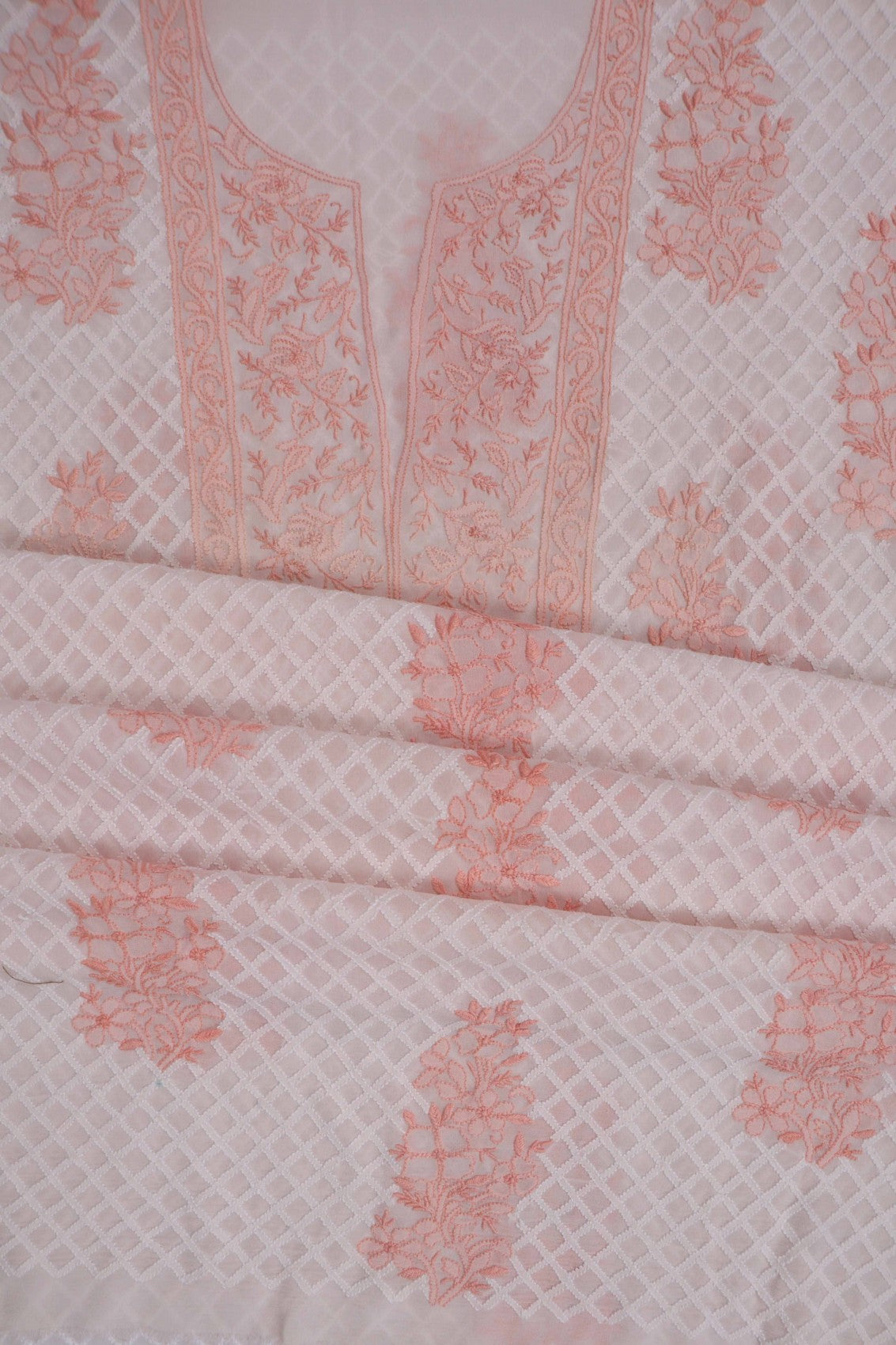 Ada Hand Embroidered Light Peach Pure Georgette Lucknowi Chikankari Unstitched Kurta Dupatta Set A454113