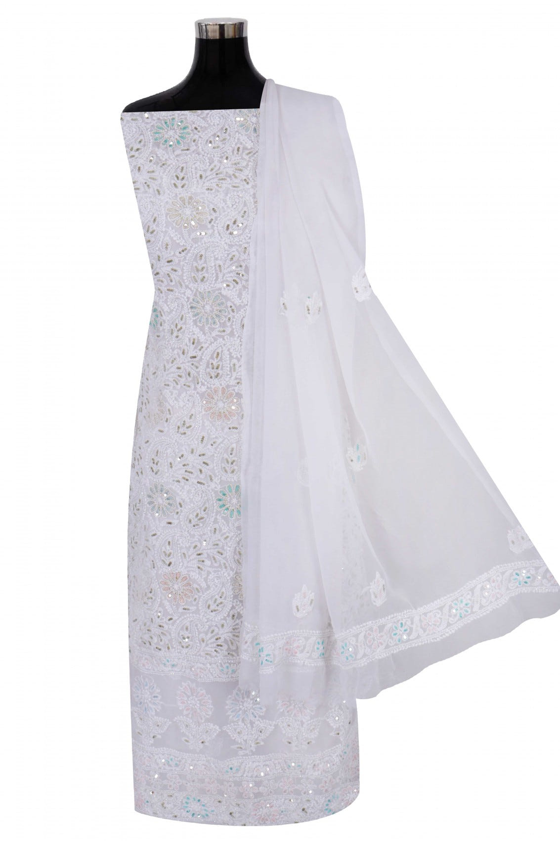 Ada Hand Embroidered White Georgette Lucknowi Chikankari Unstitched Suit Piece With Sequinned Work  A608146