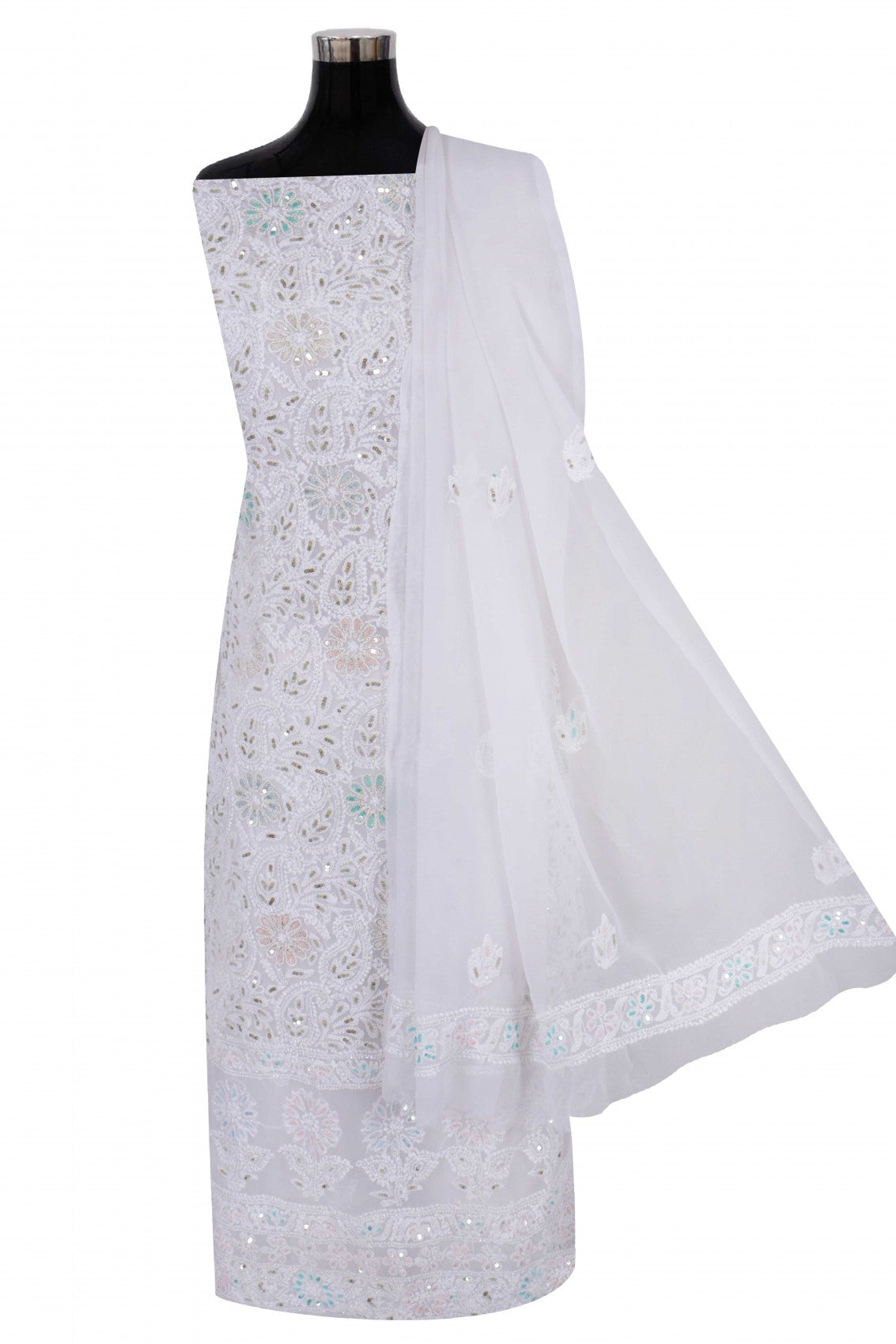 Ada Hand Embroidered White Georgette Lucknowi Chikankari Unstitched Suit Piece With Sequinned Work  A608146