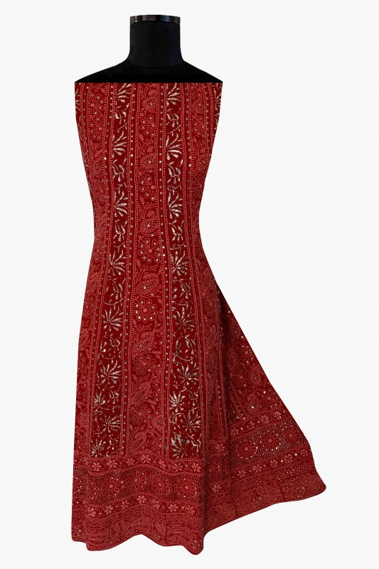 Ada Hand Embroidered Maroon Pure Georgette Lucknowi Chikankari Semi-stitched Anarkali Kurta Dupatta Set With Muqaish Work-A617645