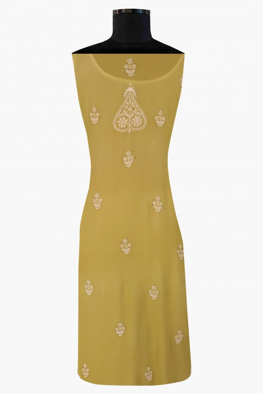 Ada Hand Embroidered Mehendi Green Pure Georgette Lucknowi Chikan Unstitched Kurta Dupatta Set A482884