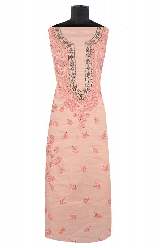 Ada Hand Embroidered Peach Cotton Lucknowi Chikan Unstitched Kurta Piece With Muqaish Work A281435