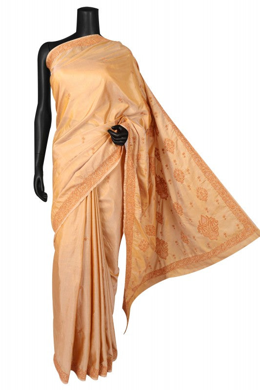 Ada Hand Embroidered Natural Dark Fawn Silk Lucknowi Chikankari Saree With Blouse 01A77505