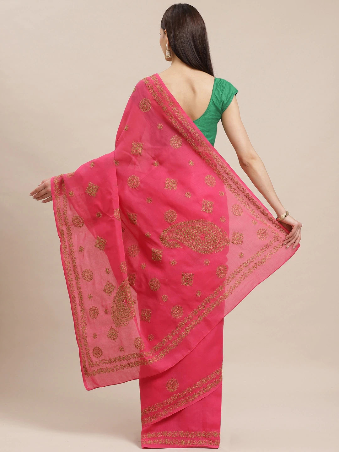 Ada Hand Embroidered Magenta Cotton Lucknow Chikan Saree With Blouse A311168