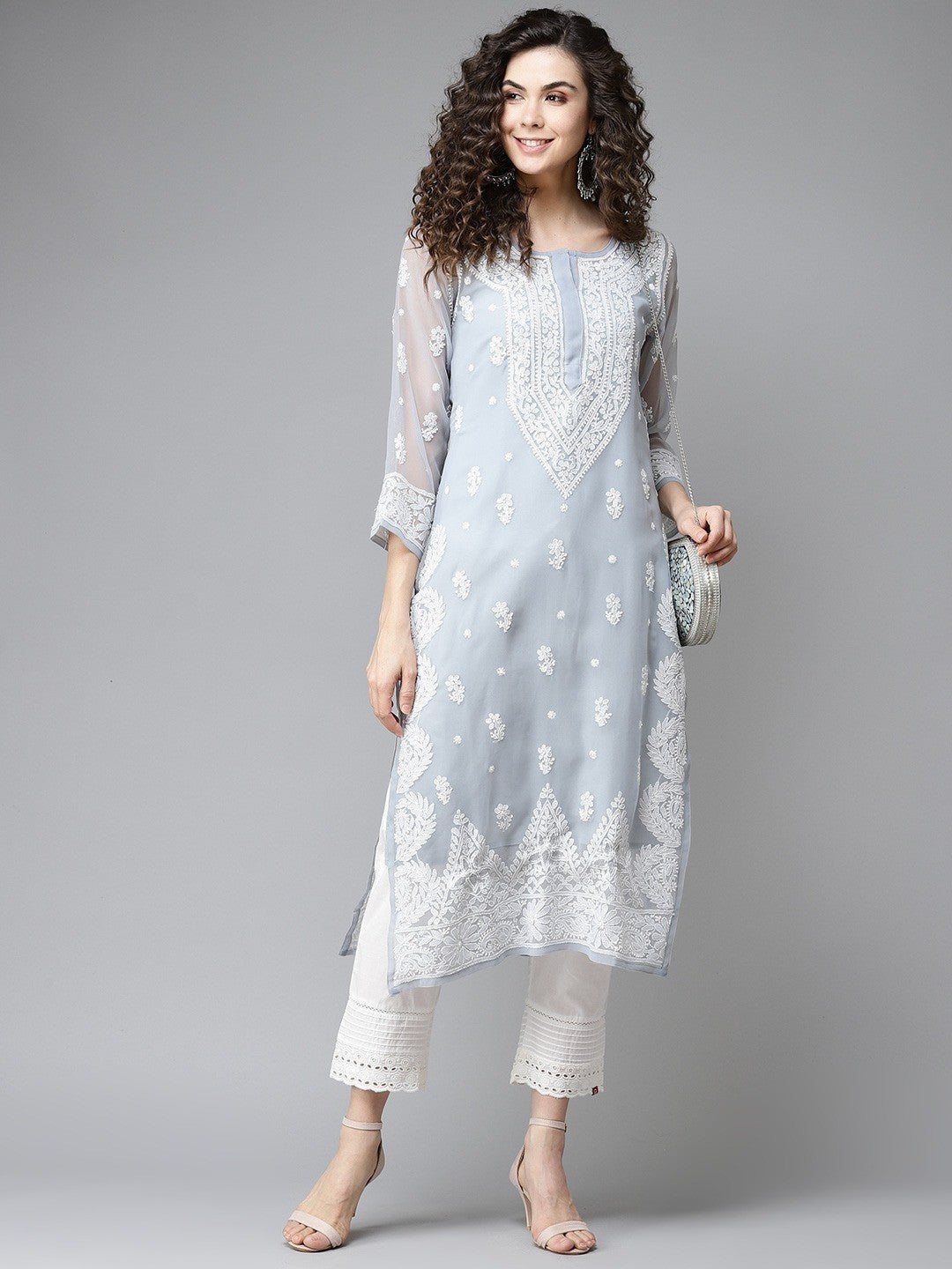 Ada Hand Embroidered Grey Georgette Lucknowi Chikankari Straight Kurta With Slip A411196