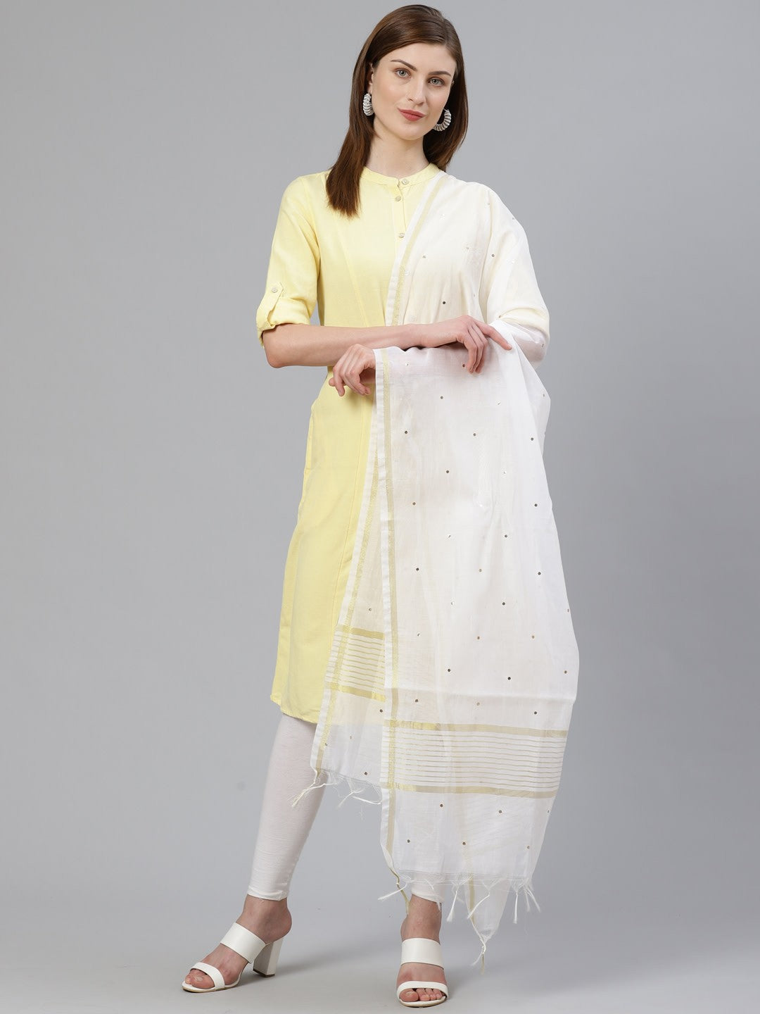 Ada Hand Embroidered White Chanderi Dupatta with Muqaish – A100474