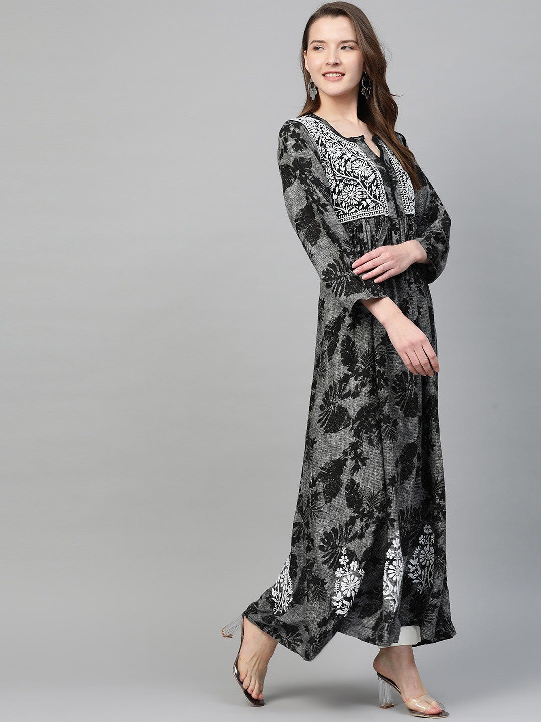 Ada Hand Embroidered Black Cotton Lucknowi Chikankari A Line Kurta A100459