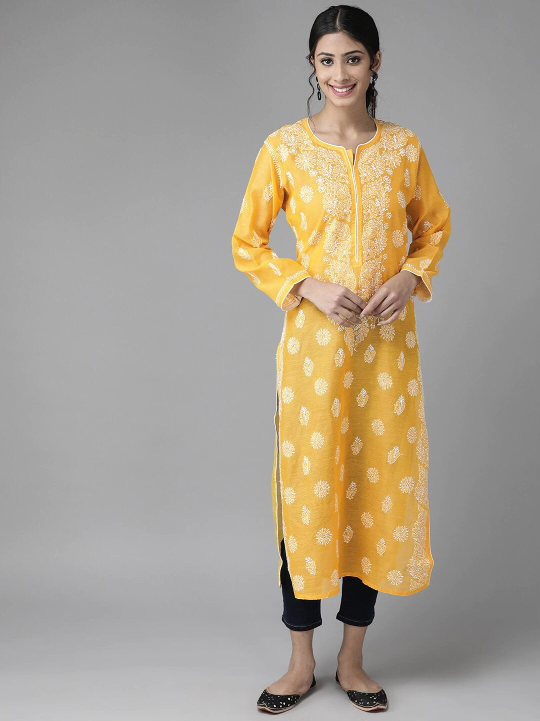 Ada Hand Embroidered Yellow Chanderi Lucknow Chikankari Straight Kurta A411175