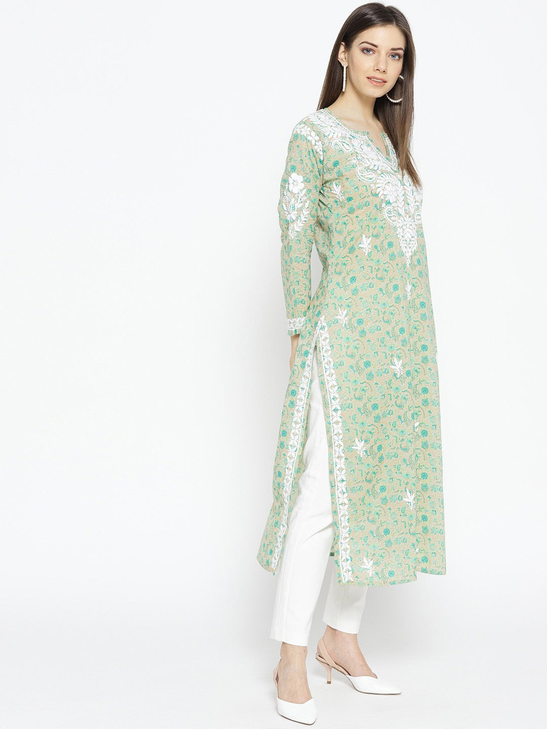 Ada Hand Embroidered Fawn Green Cotton Lucknowi Chikankari Kurta- A100029