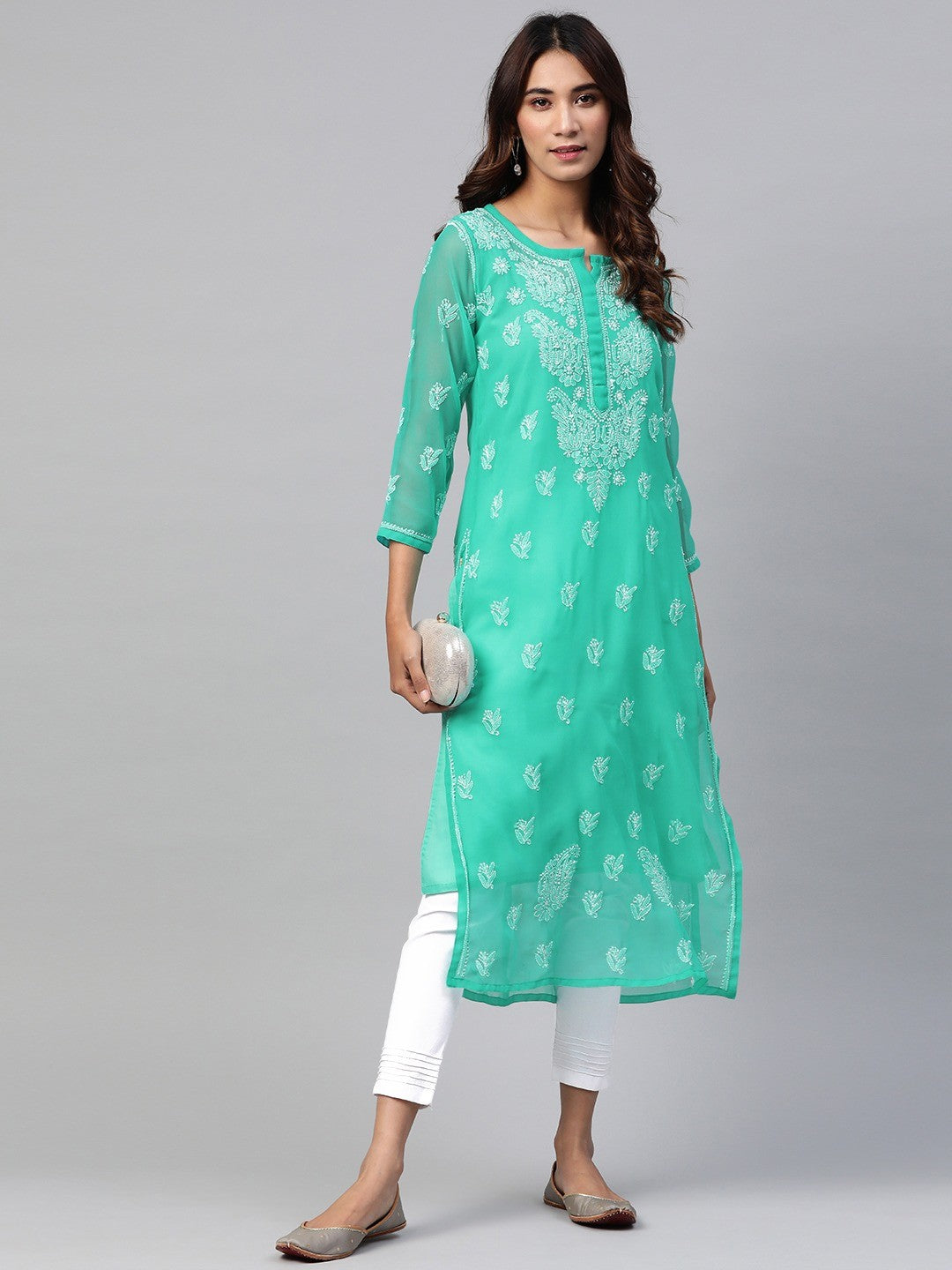 Ada Hand Embroidered Sea Green Georgette Lucknowi Chikankari Kurta Set with Slip A811161