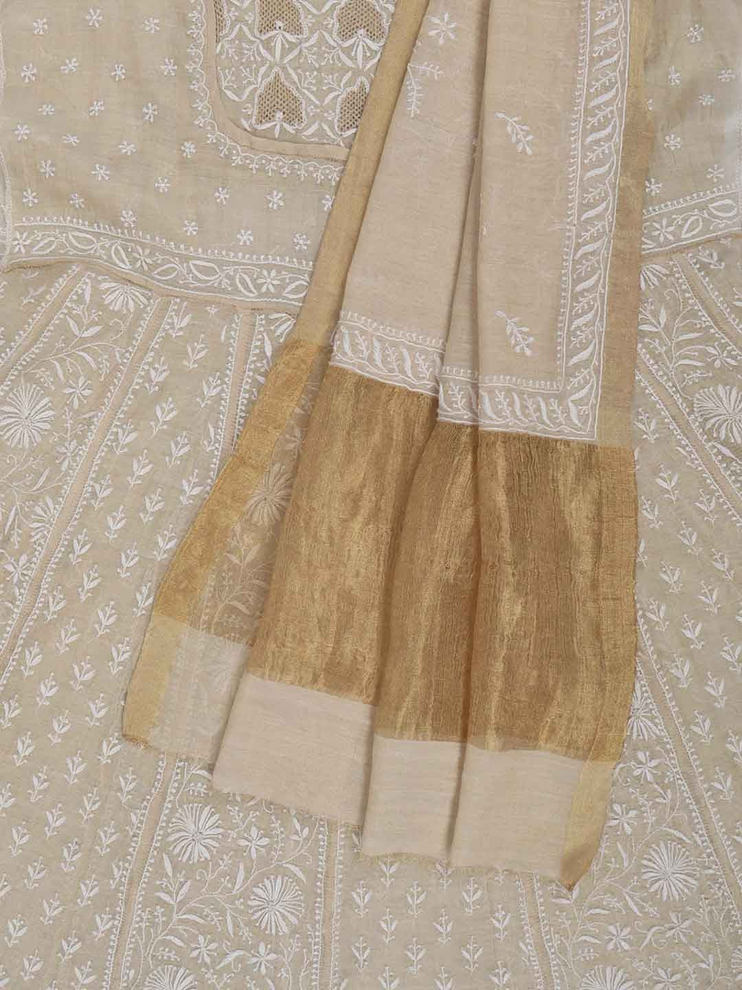 Ada Hand Embroidered Natural Fawn Tissue Lucknowi Chikankari Semi-Stitched Anarkali Kurta Dupatta Set With Zari Work 01A205793