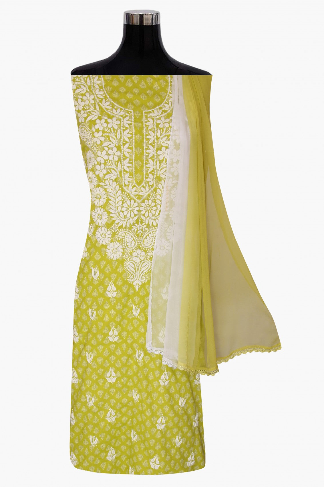 Ada Hand Embroidered Green Cotton Lucknowi Chikankari Unstitched Suit Piece A211236