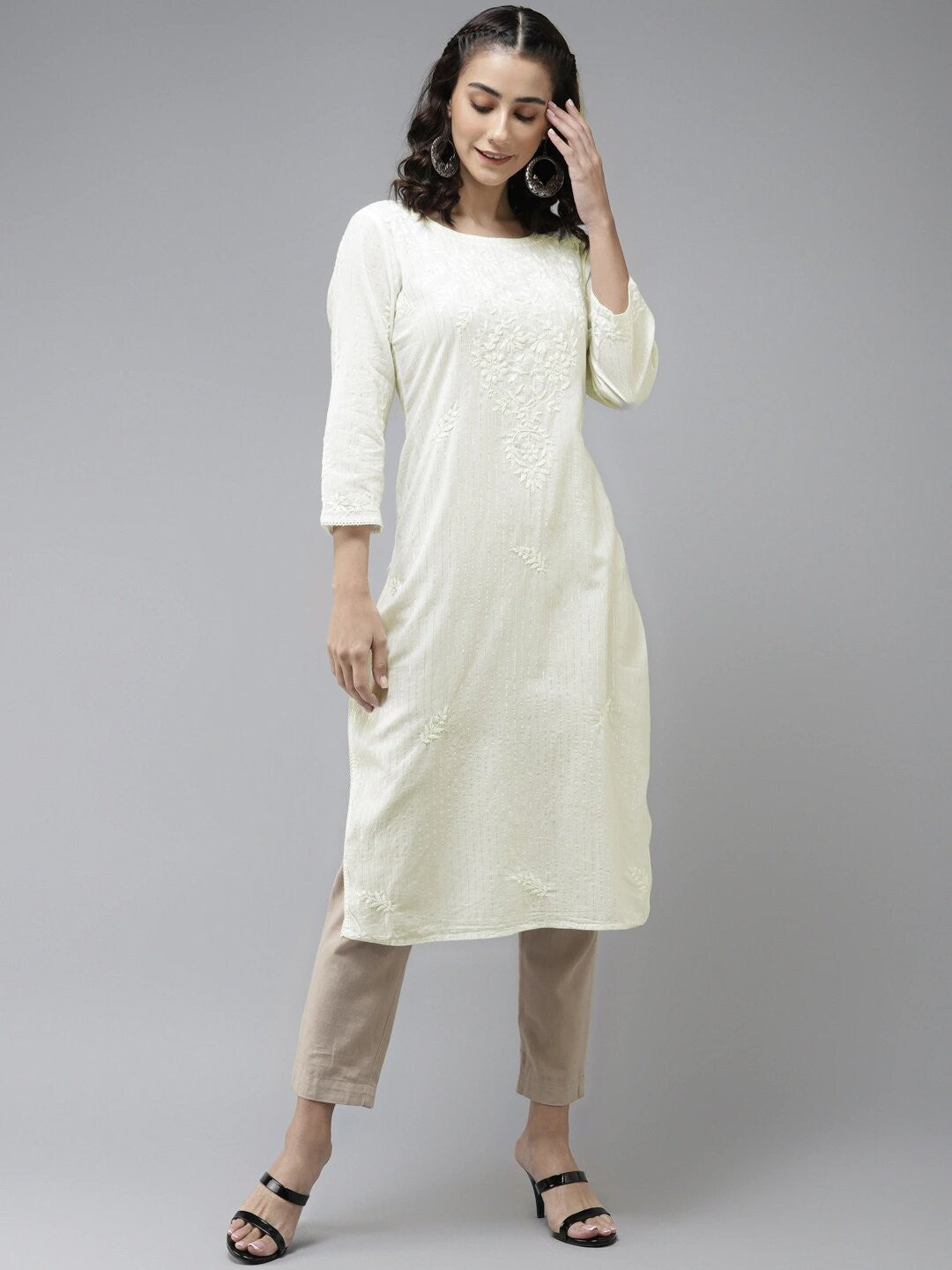 Ada Hand Embroidered Lemon Cotton Lucknow Chikan Straight Kurta A411171